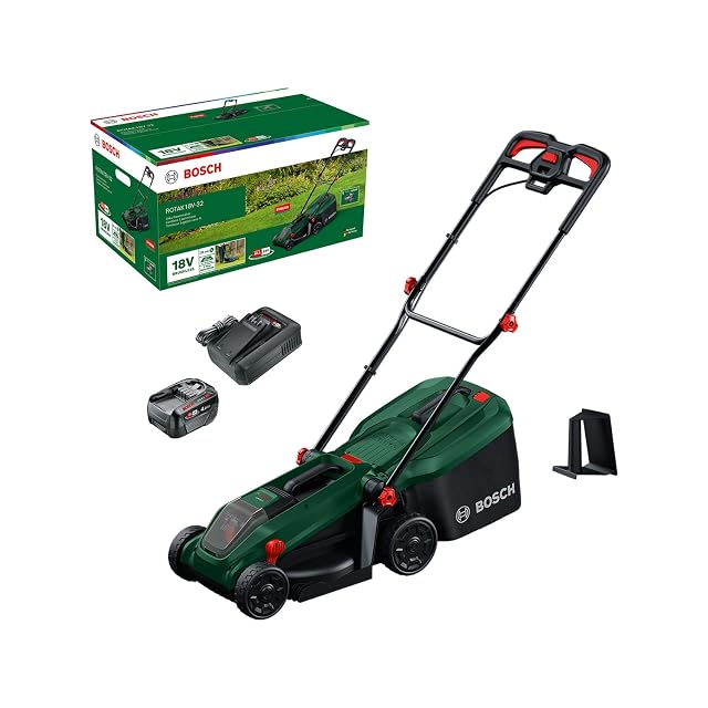 Bosch ROTAK18V-32 cordless lawnmower with a 32 cm blade and a fabric grass box