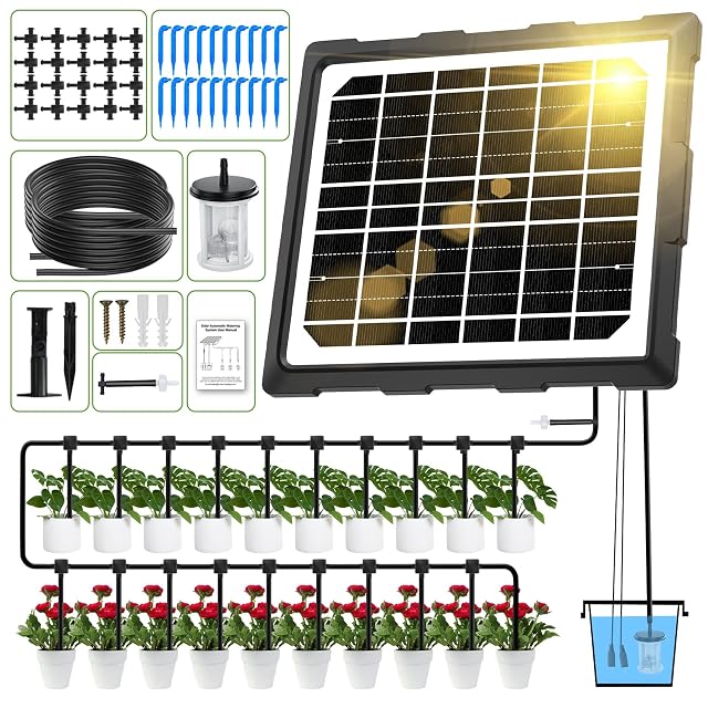 Solar powered drip irrigation system with panel, pump and timer