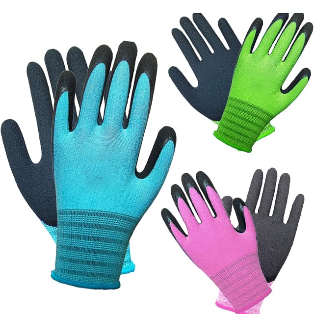 Three pairs of garden gloves with latex coated palms