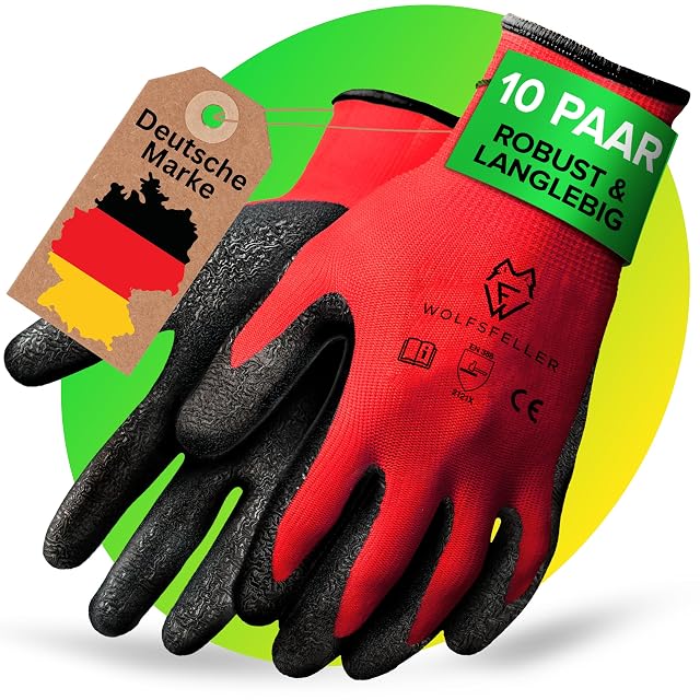 Ten pairs of latex coated work gloves