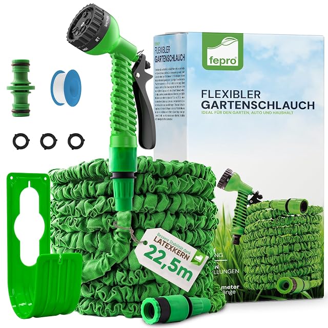 Expandable garden hose with spray gun and adapters