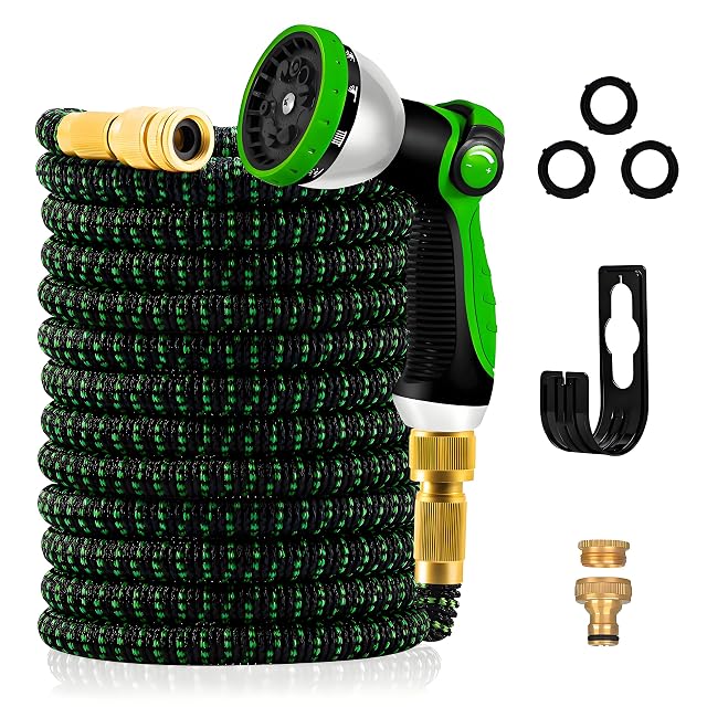 Expandable garden hose with ten-pattern spray gun and hanger