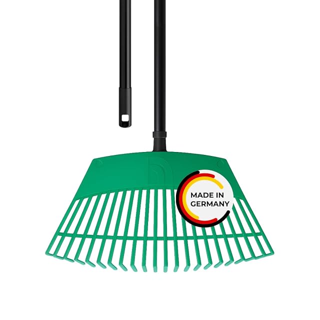 Green fan leaf rake with black handle