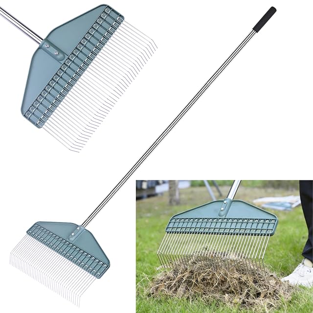 Spring steel leaf rake with adjustable stainless handle