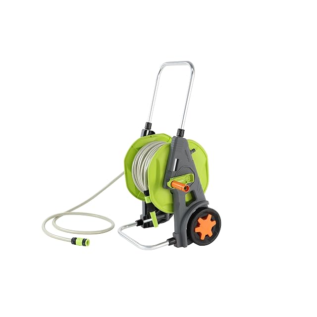Green and grey plastic hose cart supplied with a hose