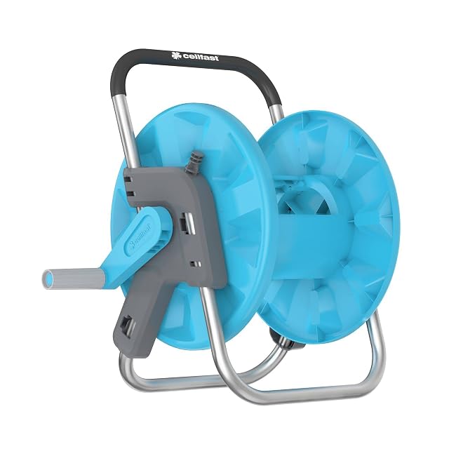 Aluminium garden hose stand with rubberised handle