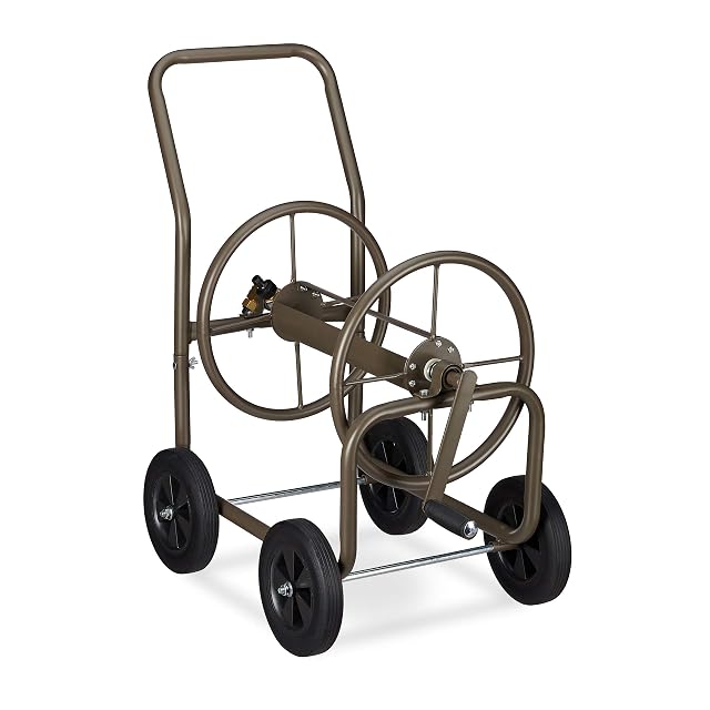 Brown metal hose cart with four solid rubber wheels and crank
