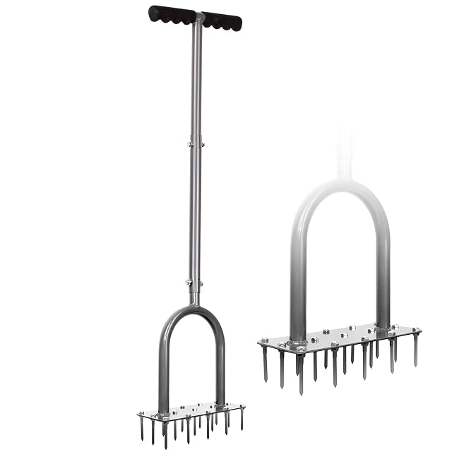 Manual spike lawn aerator with three rows of steel spikes and a T-handle