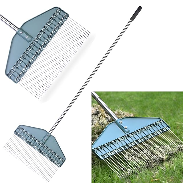 Dethatching rake with spring steel tines and adjustable stainless handle