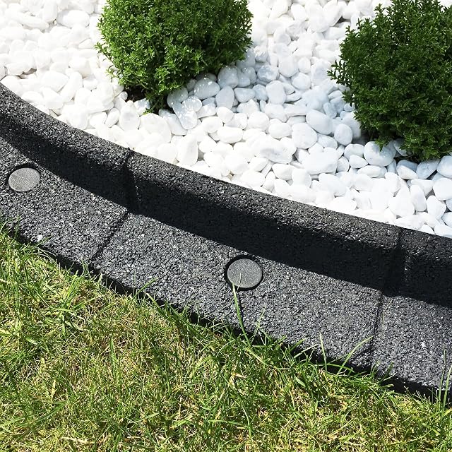 Grey recycled rubber flexible lawn edging with ground pins
