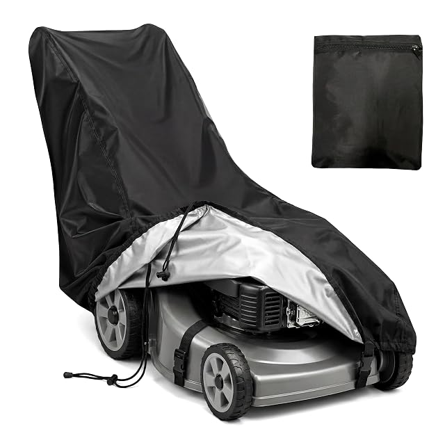 Black Oxford lawnmower cover with drawcord and buckle strap