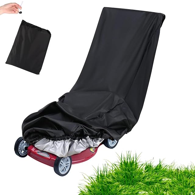 Black 210D Oxford lawnmower cover with a drawcord
