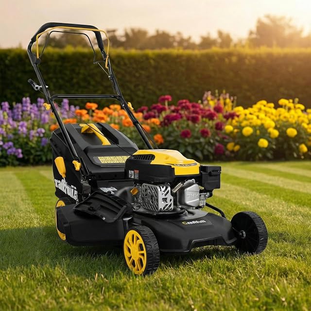 Yellow Craftfull CR-139-30 self-propelled petrol lawnmower with a grass catcher
