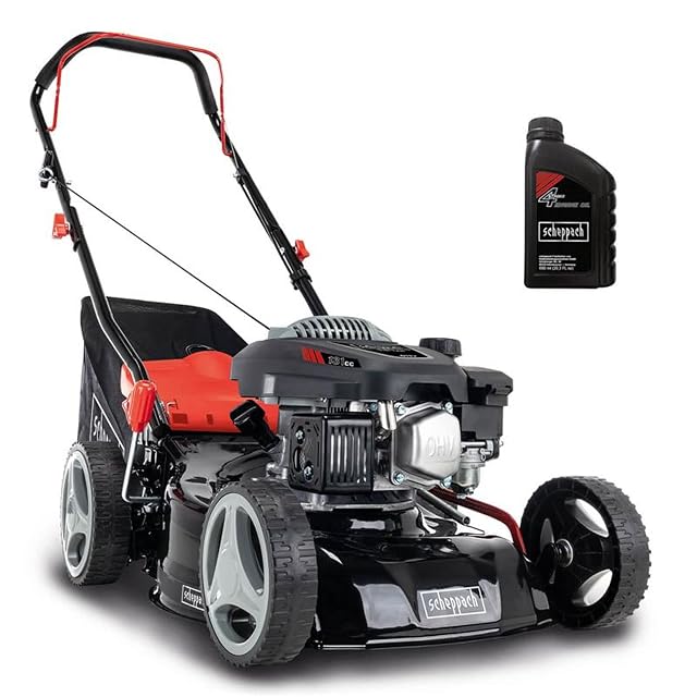Scheppach RM420 petrol lawnmower with a 42 cm deck and a 45-litre grass box