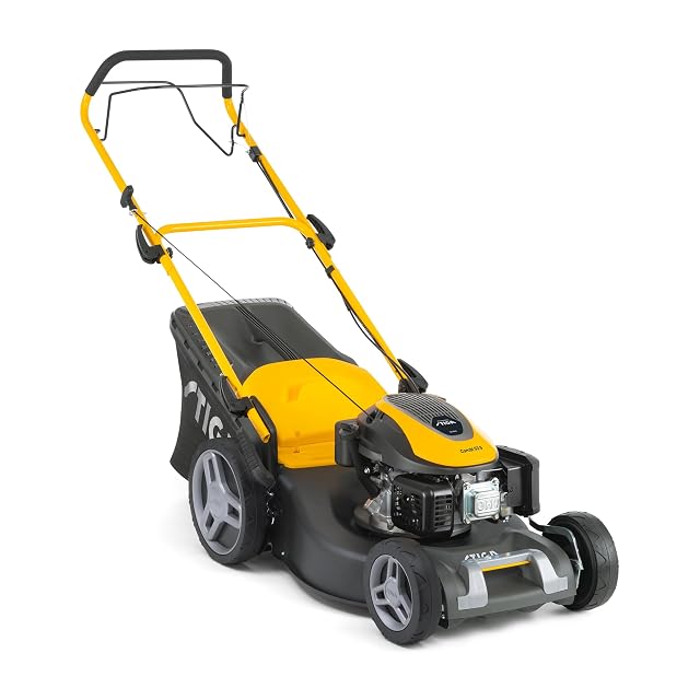 Yellow STIGA Combi 53 S self-propelled petrol lawnmower with a steel cutting deck