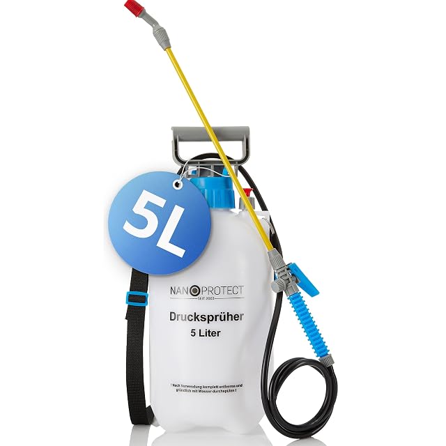 Five litre pressure sprayer with shoulder strap and long hose