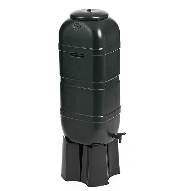Slim black 100 litre water butt on a four-part stand