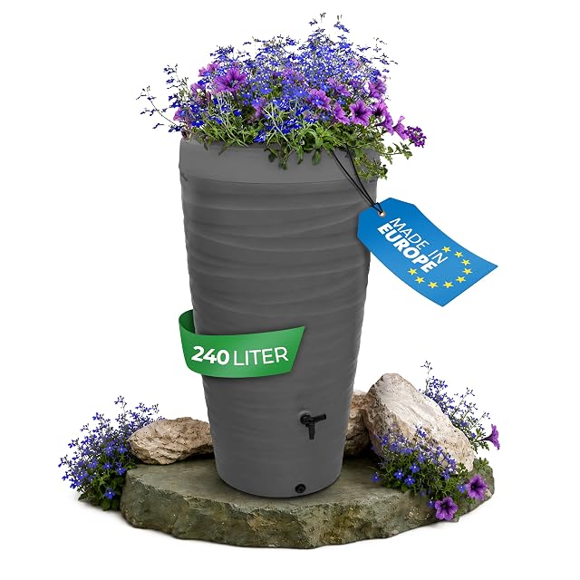 Grey wave-textured 240 litre wall water butt with planting tray