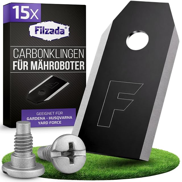 Fifteen carbon-coated robot mower blades with shouldered mounting screws