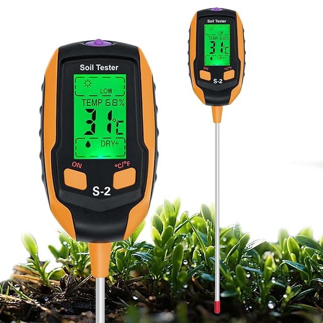 Five-in-one soil meter with large backlit LCD display