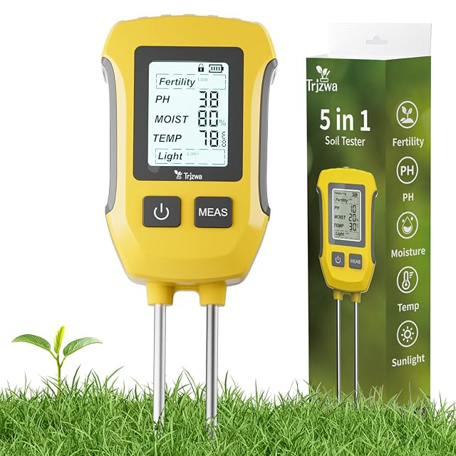 Five-in-one soil meter with large backlit display and alloy probe