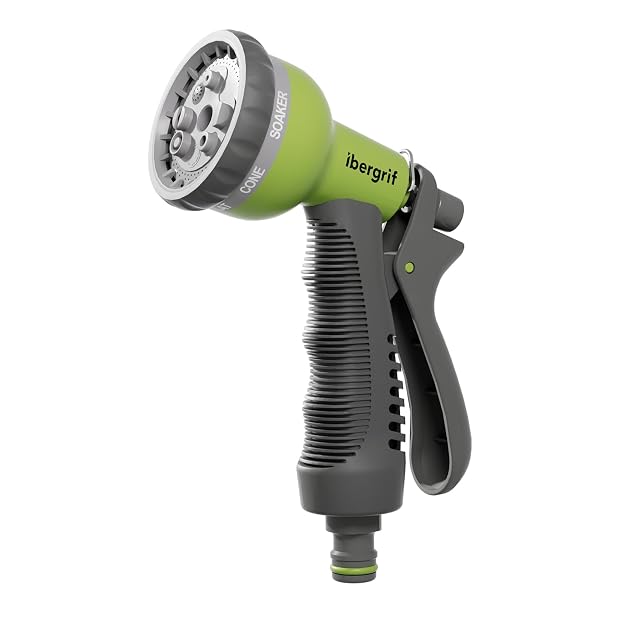 Black and green plastic garden spray gun with eight-pattern head
