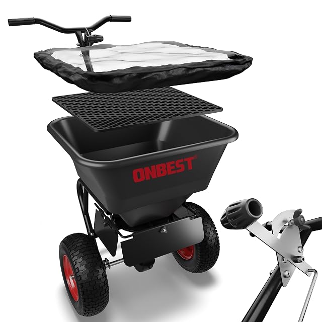 Large 45 litre broadcast spreader with steel frame and pneumatic tyres