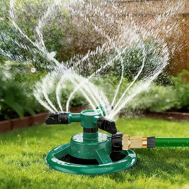 Three-arm rotating garden sprinkler with quick connector