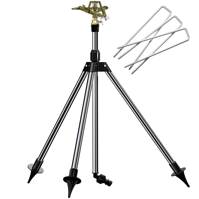 Impulse sprinkler on a folding telescopic tripod with ground spikes