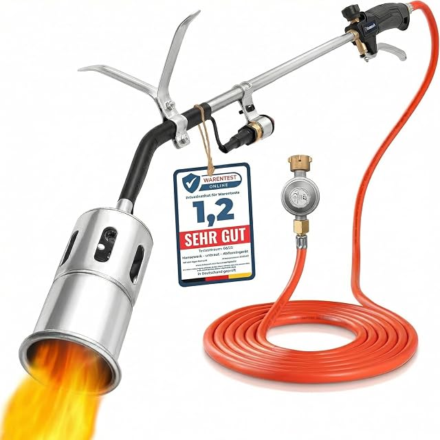 Weed burner with piezo ignition, pressure regulator and gas hose