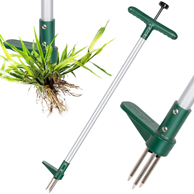 Stand-up weed puller with three steel claws and foot pedal