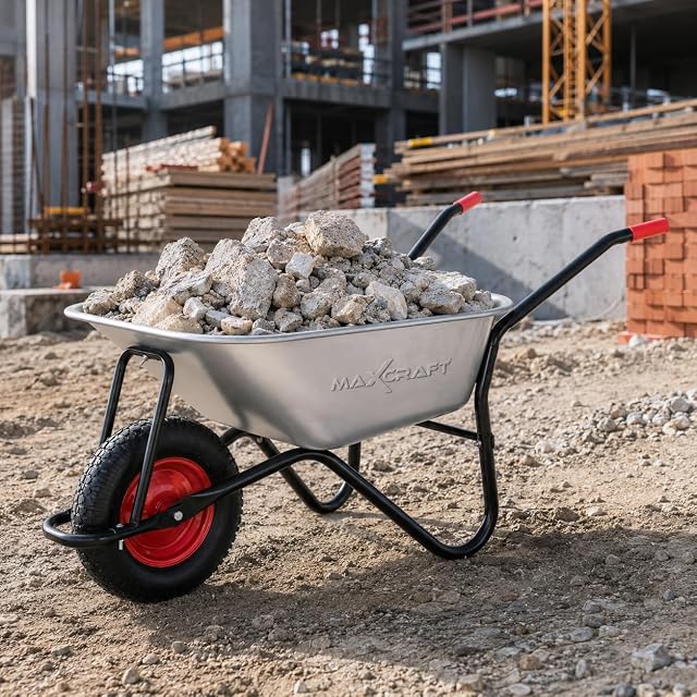 Steel construction wheelbarrow with pneumatic wheel