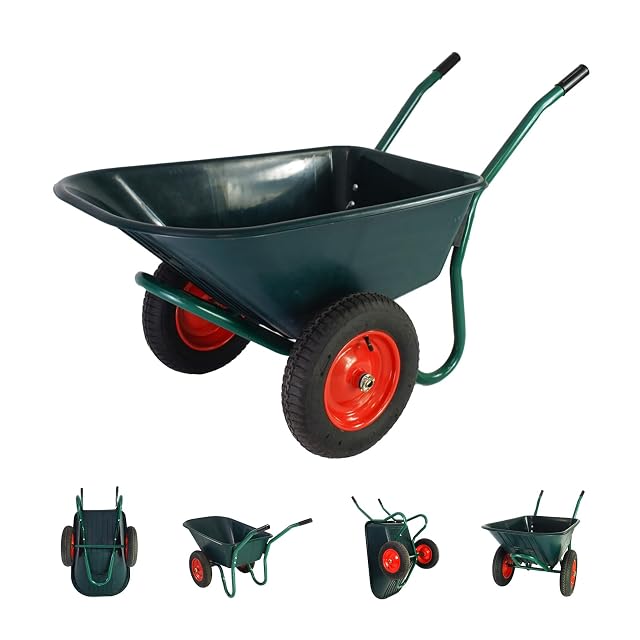 Two-wheeled garden barrow with plastic tub and pneumatic wheels